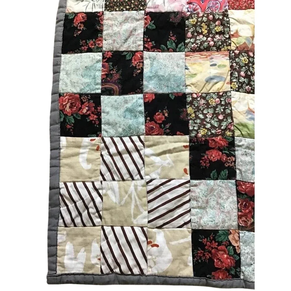 Patchwork Pieced Handmade Lap Throw Cutter Quilt Vtg 9 Block Patch Cotton Scraps